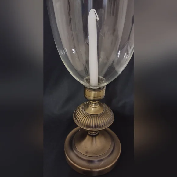 Vintage Hurricane Glass and Brass Tone Metal Candle Holder - Picture 2 of 7
